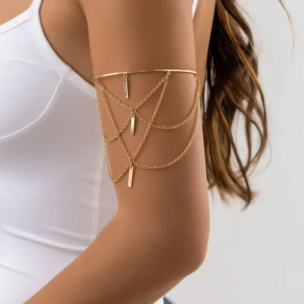 Gold Color Open Upper Arm Bracelet Women'S Jewelry Rectangle Charm Tassel Arm Bangle Party Summer Fashion Accessories New